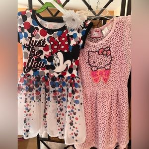 Girls Minnie Mouse and Hello Kitty Character Dresses w Blinged Flower Headband